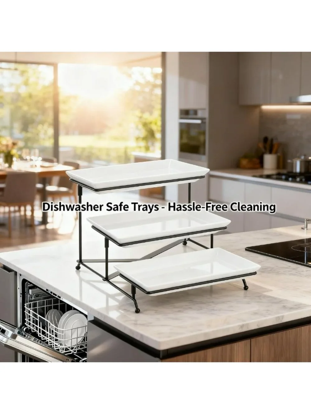 3-Tier White Plastic Serving Tray with Collapsible Metal Stand - Perfect for